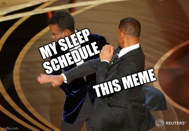 my sleep schedule | MY SLEEP SCHEDULE; THIS MEME | image tagged in will smith punching chris rock | made w/ Imgflip meme maker