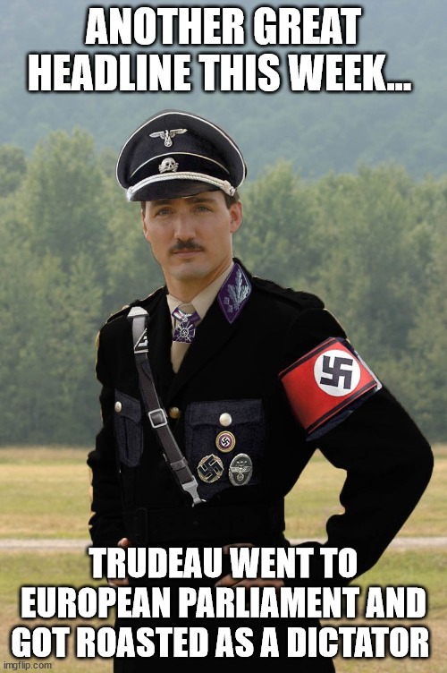 Members of the EU called Trudeau a dictator... | ANOTHER GREAT HEADLINE THIS WEEK... TRUDEAU WENT TO EUROPEAN PARLIAMENT AND GOT ROASTED AS A DICTATOR | image tagged in trudeau as hitler | made w/ Imgflip meme maker