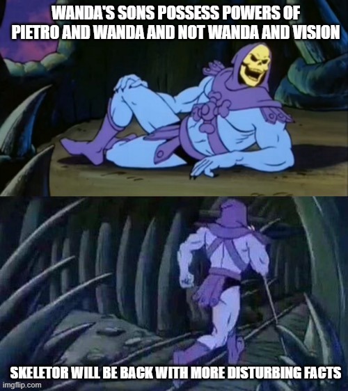 Skeletor disturbing facts | WANDA'S SONS POSSESS POWERS OF PIETRO AND WANDA AND NOT WANDA AND VISION; SKELETOR WILL BE BACK WITH MORE DISTURBING FACTS | image tagged in skeletor disturbing facts | made w/ Imgflip meme maker