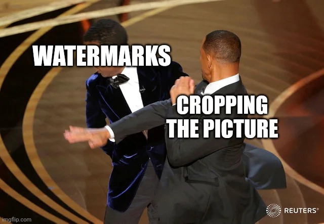 Cropping | WATERMARKS; CROPPING THE PICTURE | image tagged in will smith punching chris rock | made w/ Imgflip meme maker