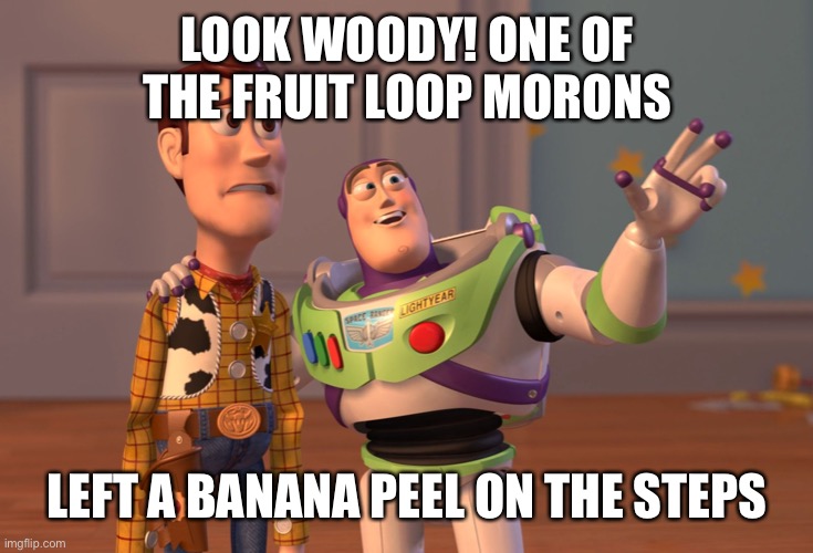 X, X Everywhere Meme | LOOK WOODY! ONE OF THE FRUIT LOOP MORONS LEFT A BANANA PEEL ON THE STEPS | image tagged in memes,x x everywhere | made w/ Imgflip meme maker
