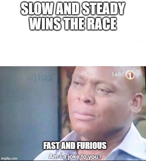 need for speed | SLOW AND STEADY WINS THE RACE; FAST AND FURIOUS | image tagged in am i a joke to you | made w/ Imgflip meme maker