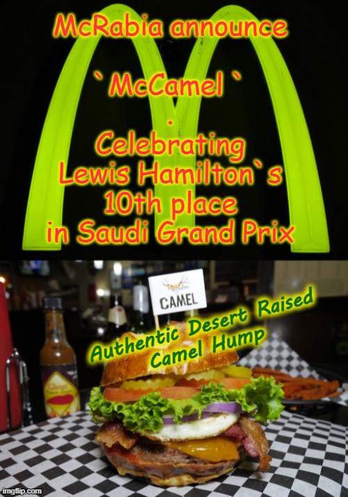 McCamel  tm | McRabia announce
*
`McCamel `
.
Celebrating
Lewis Hamilton`s
10th place
in Saudi Grand Prix; Authentic Desert Raised
Camel Hump | image tagged in hump day camel | made w/ Imgflip meme maker