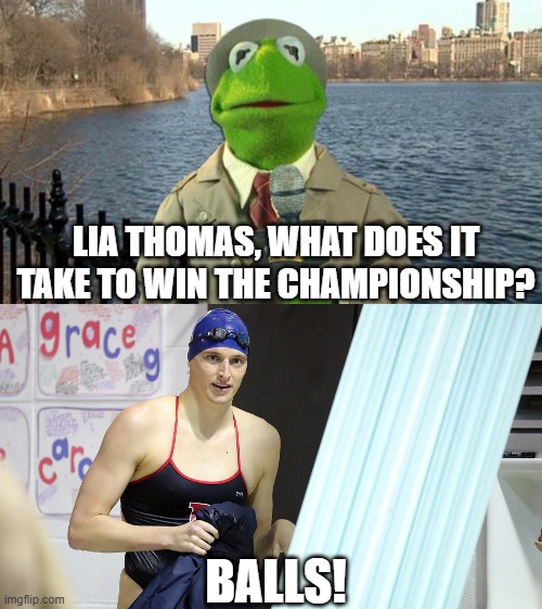 LIA THOMAS, WHAT DOES IT TAKE TO WIN THE CHAMPIONSHIP? BALLS! | image tagged in kermit news report,transwoman lia thomas swimming national champion | made w/ Imgflip meme maker