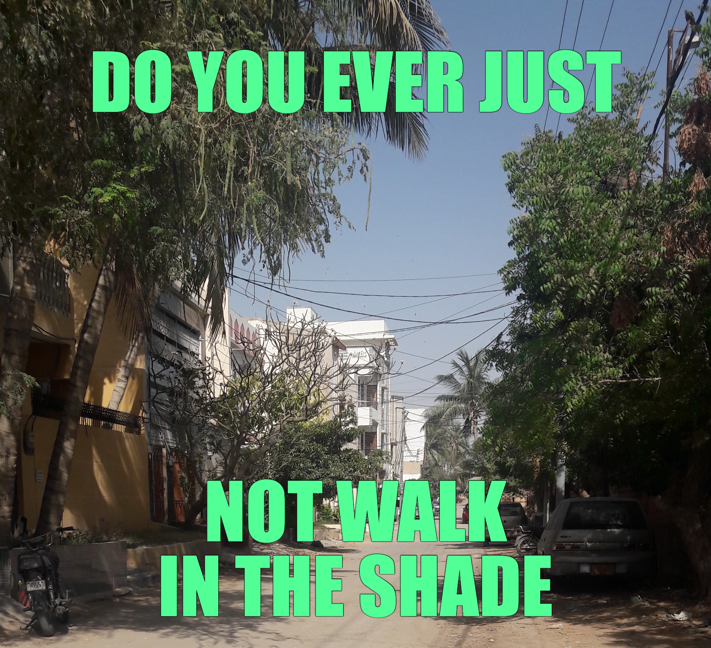 . | DO YOU EVER JUST; NOT WALK IN THE SHADE | made w/ Imgflip meme maker