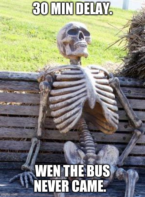 Waiting Skeleton | 30 MIN DELAY. WEN THE BUS NEVER CAME. | image tagged in memes,waiting skeleton | made w/ Imgflip meme maker