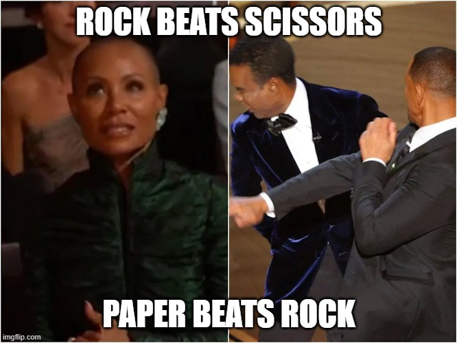 "Rock Paper Scissors" at the Oscars | ROCK BEATS SCISSORS; PAPER BEATS ROCK | image tagged in oscars,rockpaperscissors | made w/ Imgflip meme maker