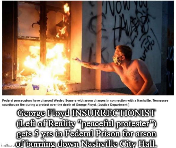 George Floyd INSURRECTIONIST (Left of Reality peaceful protester) gets 5 yrs in Fed Prison. Don't be this guy. | George Floyd INSURRECTIONIST
(Left of Reality "peaceful protester")
gets 5 yrs in Federal Prison for arson
of burning down Nashville City Hall. | image tagged in memes,politics | made w/ Imgflip meme maker