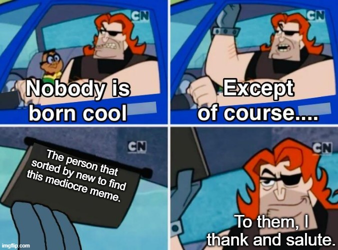 Nobody is born cool | The person that sorted by new to find this mediocre meme. To them, I thank and salute. | image tagged in nobody is born cool | made w/ Imgflip meme maker