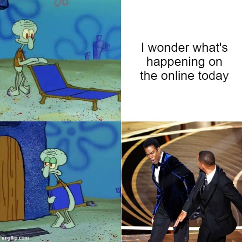 Looks like a good day to mow the lawn | I wonder what's happening on the online today | image tagged in squidward chair | made w/ Imgflip meme maker