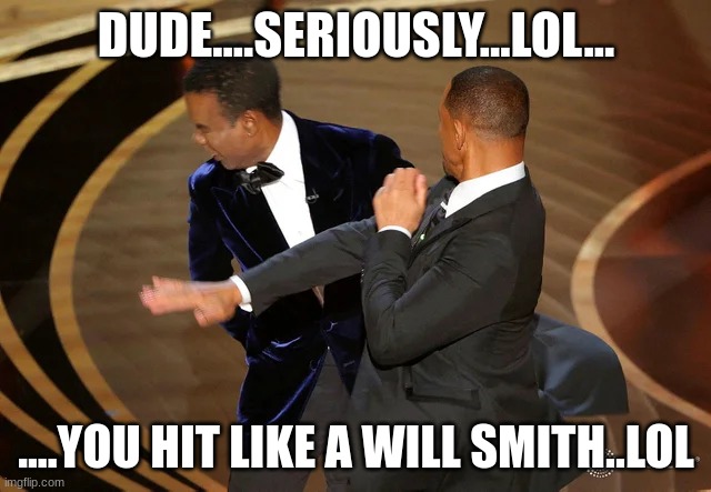 You hit like a Will Smith | DUDE....SERIOUSLY...LOL... ....YOU HIT LIKE A WILL SMITH..LOL | image tagged in will smith punching chris rock | made w/ Imgflip meme maker