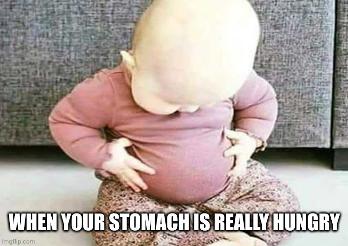 Baby looking at stomach | WHEN YOUR STOMACH IS REALLY HUNGRY | image tagged in baby looking at stomach | made w/ Imgflip meme maker