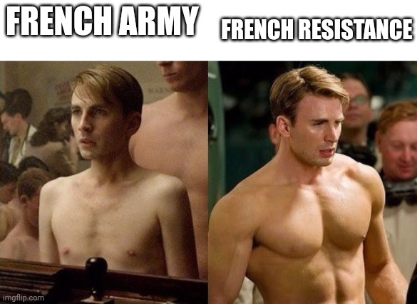 Ahh yes history memes | FRENCH ARMY; FRENCH RESISTANCE | image tagged in steve rogers before and after | made w/ Imgflip meme maker