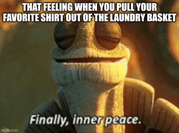 Relatable | THAT FEELING WHEN YOU PULL YOUR FAVORITE SHIRT OUT OF THE LAUNDRY BASKET | image tagged in finally inner peace,fun | made w/ Imgflip meme maker
