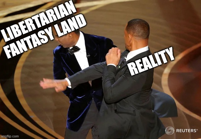 Will Smith punching Chris Rock | LIBERTARIAN
FANTASY LAND; REALITY | image tagged in will smith punching chris rock | made w/ Imgflip meme maker