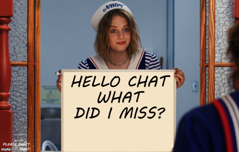 Stranger things robin sign | HELLO CHAT
WHAT DID I MISS? PLEASE DON'T ANSWER THAT- | image tagged in stranger things robin sign | made w/ Imgflip meme maker