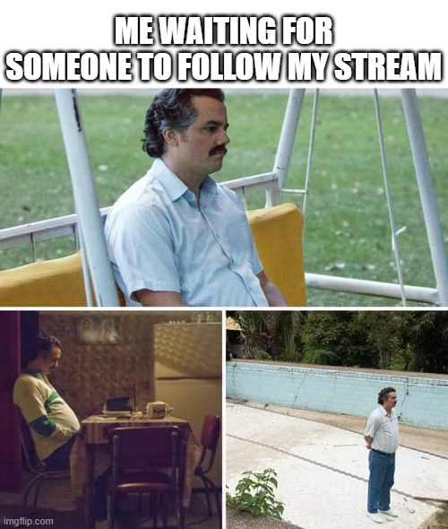 Sad Pablo Escobar | ME WAITING FOR SOMEONE TO FOLLOW MY STREAM | image tagged in memes,sad pablo escobar | made w/ Imgflip meme maker