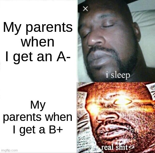 My parents . . . they scare me | My parents when I get an A-; My parents when I get a B+ | image tagged in memes,sleeping shaq | made w/ Imgflip meme maker