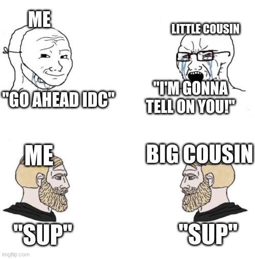 little cousin vs big cousin | ME; LITTLE COUSIN; "I'M GONNA TELL ON YOU!"; "GO AHEAD IDC"; BIG COUSIN; ME; "SUP"; "SUP" | image tagged in chad we know | made w/ Imgflip meme maker