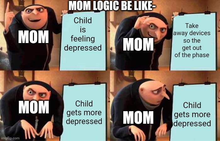 Mom's logic | MOM LOGIC BE LIKE-; Child is feeling depressed; Take away devices so the get out of the phase; MOM; MOM; Child gets more depressed; Child gets more depressed; MOM; MOM | image tagged in memes,gru's plan | made w/ Imgflip meme maker