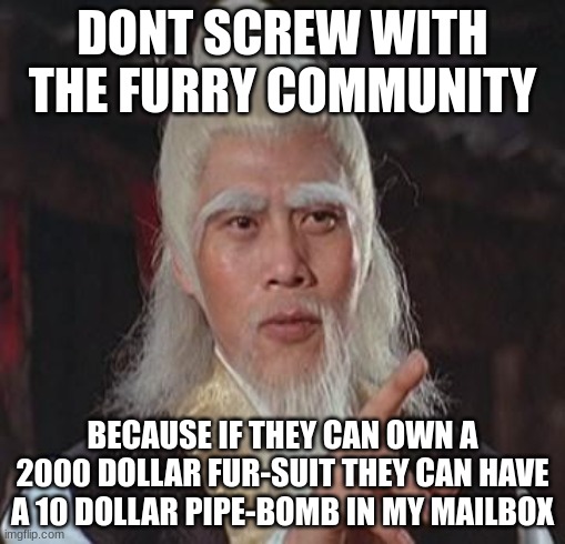 Its true we cant lie | DONT SCREW WITH THE FURRY COMMUNITY; BECAUSE IF THEY CAN OWN A 2000 DOLLAR FUR-SUIT THEY CAN HAVE A 10 DOLLAR PIPE-BOMB IN MY MAILBOX | image tagged in wise kung fu master | made w/ Imgflip meme maker