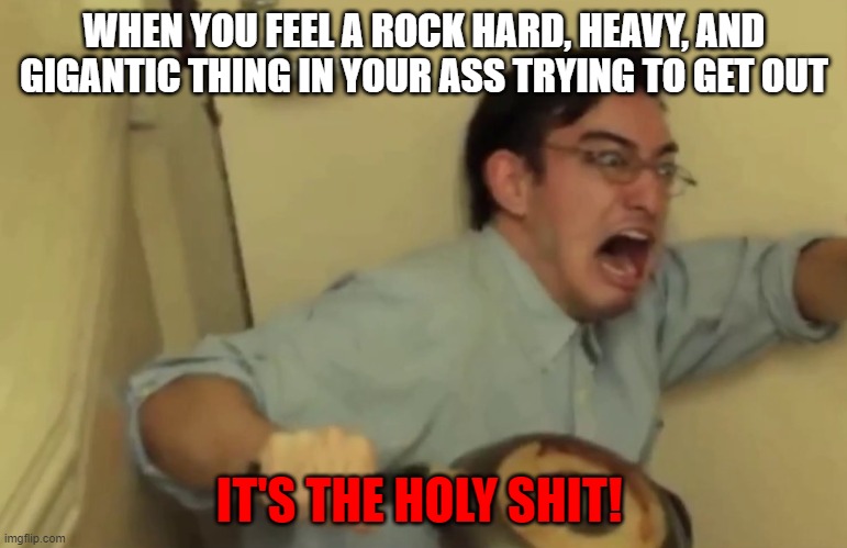 what sins have i done to deserve this? | WHEN YOU FEEL A ROCK HARD, HEAVY, AND GIGANTIC THING IN YOUR ASS TRYING TO GET OUT; IT'S THE HOLY SHIT! | image tagged in screaming | made w/ Imgflip meme maker