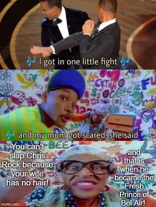 Will Smith's Mom got scared, and that was when he became the Fresh Prince of Bel Air! | and that is when he became the Fresh Prince of Bel Air! You can't slap Chris Rock because your wife has no hair! | image tagged in will smith,chris rock,will smith punching chris rock,fresh prince | made w/ Imgflip meme maker