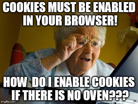 Cookies | COOKIES MUST BE ENABLED IN YOUR BROWSER! HOW  DO I ENABLE COOKIES IF THERE IS NO OVEN??? | image tagged in memes,grandma finds the internet | made w/ Imgflip meme maker