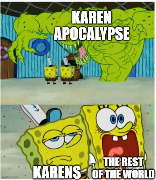 Karen Apocylse?! | KAREN APOCALYPSE; THE REST OF THE WORLD; KARENS | image tagged in spongebob squarepants scared but also not scared | made w/ Imgflip meme maker