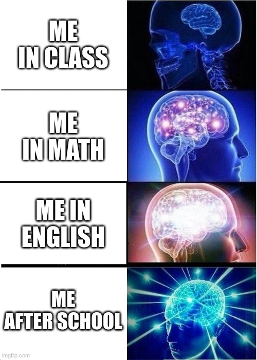 schoool | ME IN CLASS; ME IN MATH; ME IN ENGLISH; ME AFTER SCHOOL | image tagged in memes,expanding brain | made w/ Imgflip meme maker