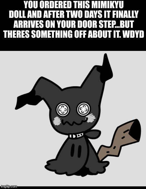 YOU ORDERED THIS MIMIKYU DOLL AND AFTER TWO DAYS IT FINALLY ARRIVES ON YOUR DOOR STEP...BUT THERES SOMETHING OFF ABOUT IT. WDYD | image tagged in blank black | made w/ Imgflip meme maker