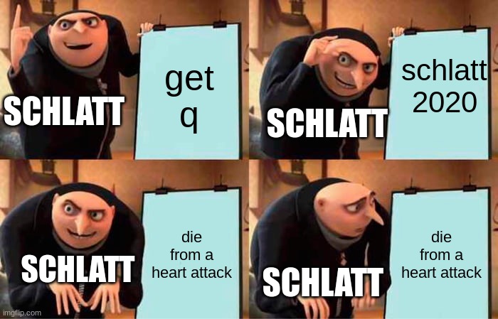 schlatts amazing plan | schlatt 2020; get q; SCHLATT; SCHLATT; die from a heart attack; die from a heart attack; SCHLATT; SCHLATT | image tagged in memes,gru's plan | made w/ Imgflip meme maker