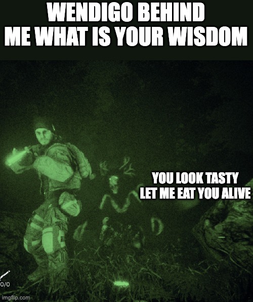 fact don't take wisdoms from wendigos | WENDIGO BEHIND ME WHAT IS YOUR WISDOM; YOU LOOK TASTY LET ME EAT YOU ALIVE | image tagged in wendigo behind hunter | made w/ Imgflip meme maker