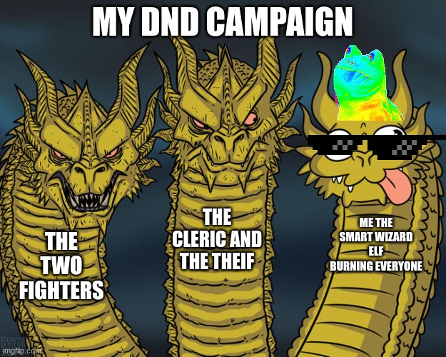 Three-headed Dragon | MY DND CAMPAIGN; THE CLERIC AND THE THEIF; ME THE SMART WIZARD ELF BURNING EVERYONE; THE TWO FIGHTERS | image tagged in dnd,lol so funny | made w/ Imgflip meme maker