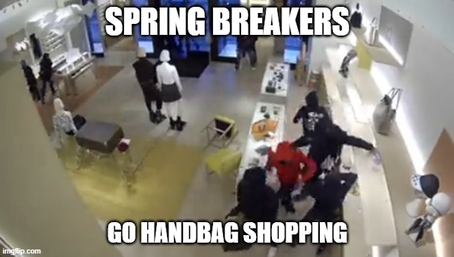 Spring Breakers go handbag shopping |  SPRING BREAKERS; GO HANDBAG SHOPPING | image tagged in tolerance,magical | made w/ Imgflip meme maker