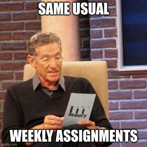 Maury Lie Detector | SAME USUAL; WEEKLY ASSIGNMENTS | image tagged in memes,maury lie detector | made w/ Imgflip meme maker