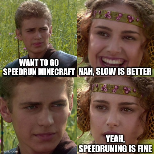 Anakin Padme 4 Panel | WANT TO GO SPEEDRUN MINECRAFT; NAH, SLOW IS BETTER; YEAH, SPEEDRUNING IS FINE | image tagged in anakin padme 4 panel | made w/ Imgflip meme maker