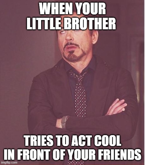 Face You Make Robert Downey Jr | WHEN YOUR LITTLE BROTHER; TRIES TO ACT COOL IN FRONT OF YOUR FRIENDS | image tagged in memes,face you make robert downey jr | made w/ Imgflip meme maker