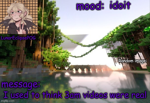 I was and still am dumb | idoit; I used to think 3am videos were real | image tagged in new lunareclipsepog temp | made w/ Imgflip meme maker