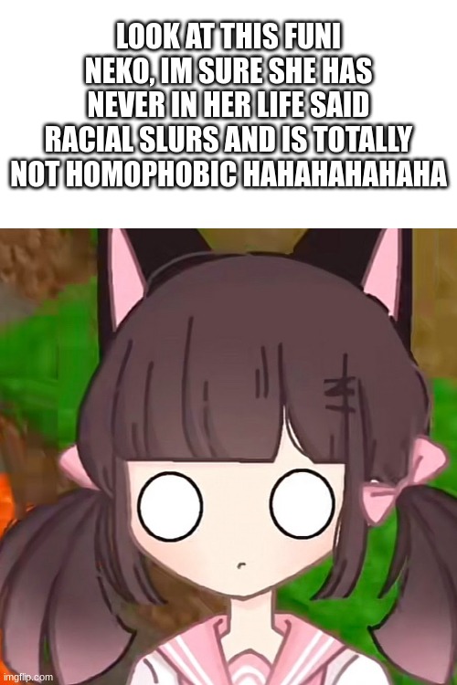 HAHAHAHAHHAAHHAHAHAHAAHHAHAHHAHHAHAHHAHA | LOOK AT THIS FUNI NEKO, IM SURE SHE HAS NEVER IN HER LIFE SAID RACIAL SLURS AND IS TOTALLY NOT HOMOPHOBIC HAHAHAHAHAHA | image tagged in yes | made w/ Imgflip meme maker