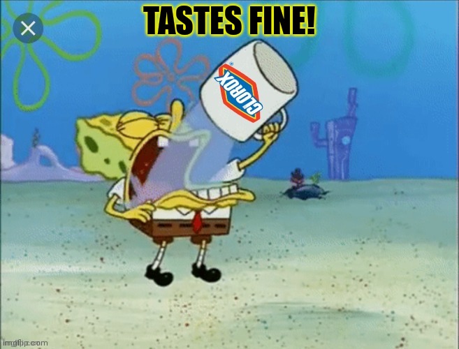 Spongebob drinking bleach | TASTES FINE! | image tagged in spongebob drinking bleach | made w/ Imgflip meme maker