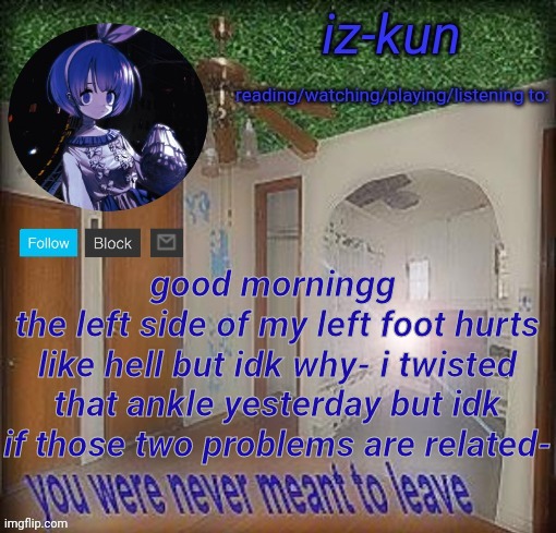 but a couple years ago i did twist my right ankle and broke that foot .-. | good morningg 
the left side of my left foot hurts like hell but idk why- i twisted that ankle yesterday but idk if those two problems are related- | image tagged in e | made w/ Imgflip meme maker