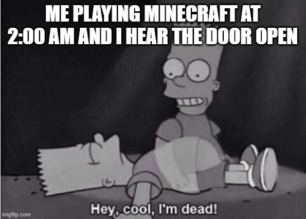 Hey, cool, I'm dead! | ME PLAYING MINECRAFT AT 2:00 AM AND I HEAR THE DOOR OPEN | image tagged in hey cool i'm dead | made w/ Imgflip meme maker