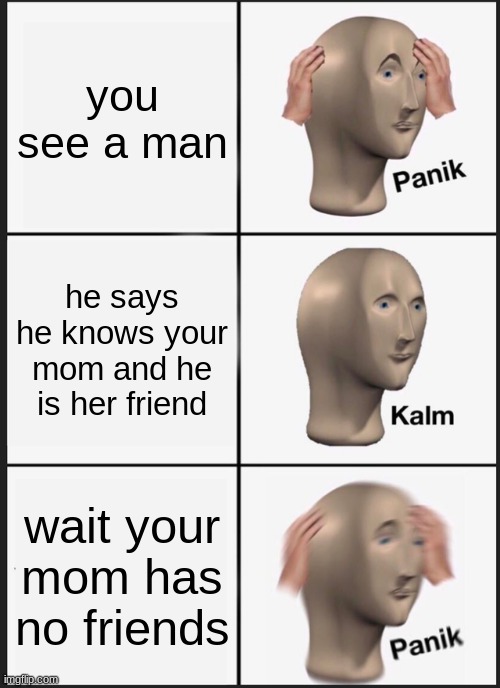 why | you see a man; he says he knows your mom and he is her friend; wait your mom has no friends | image tagged in memes,panik kalm panik | made w/ Imgflip meme maker