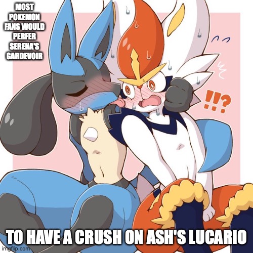 Greninja Licking Cinderace's Cheek | MOST POKEMON FANS WOULD PERFER SERENA'S GARDEVOIR; TO HAVE A CRUSH ON ASH'S LUCARIO | image tagged in pokemon,lucario,cinderace,memes | made w/ Imgflip meme maker