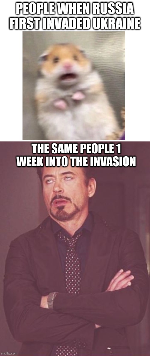 after a while, we all got sick of it. | PEOPLE WHEN RUSSIA FIRST INVADED UKRAINE; THE SAME PEOPLE 1 WEEK INTO THE INVASION | image tagged in blank white template,funny | made w/ Imgflip meme maker