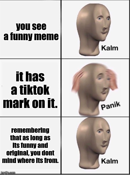 am i right? | you see a funny meme; it has a tiktok mark on it. remembering that as long as its funny and original, you dont mind where its from. | image tagged in reverse kalm panik | made w/ Imgflip meme maker