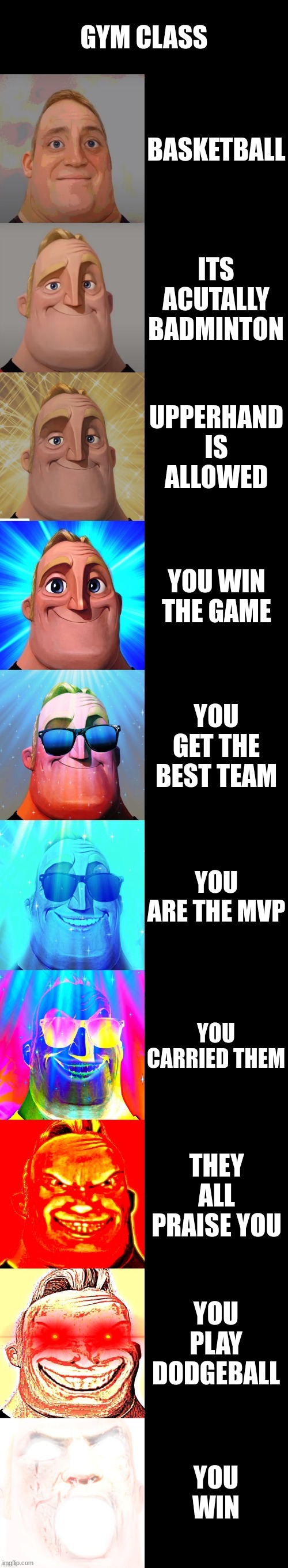 down vote / saying its bad meme = gay | GYM CLASS; BASKETBALL; ITS ACUTALLY BADMINTON; UPPERHAND IS ALLOWED; YOU WIN THE GAME; YOU GET THE BEST TEAM; YOU ARE THE MVP; YOU CARRIED THEM; THEY ALL PRAISE YOU; YOU PLAY DODGEBALL; YOU WIN | image tagged in mr incredible becoming canny | made w/ Imgflip meme maker