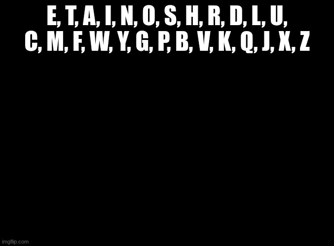 The alphabet, but ordered by frequency | E, T, A, I, N, O, S, H, R, D, L, U, C, M, F, W, Y, G, P, B, V, K, Q, J, X, Z | image tagged in blank black,copypasta,thanks i hate it | made w/ Imgflip meme maker