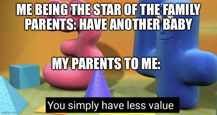 As An Older Brother, This Is So True | ME BEING THE STAR OF THE FAMILY
PARENTS: HAVE ANOTHER BABY; MY PARENTS TO ME: | image tagged in you simply have less value | made w/ Imgflip meme maker